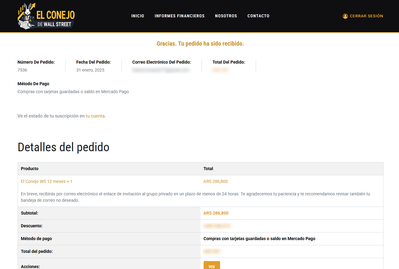 Como adquirir una suscripci贸n 6 Pedido Recibido • El Conejo de Wall Street
